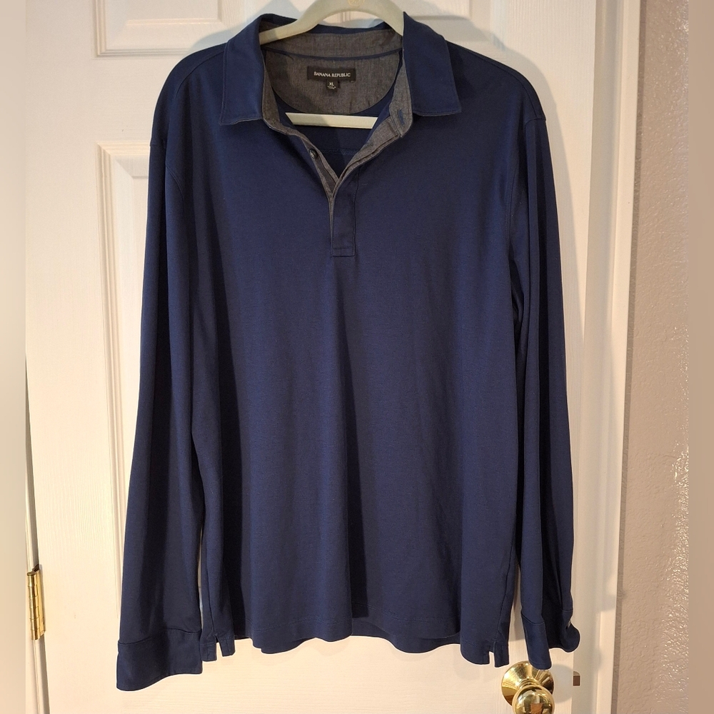 Banana Republic Mens XL Polo Rugby Shirt  Navy Jersey Soft Cotton Long Sleeve